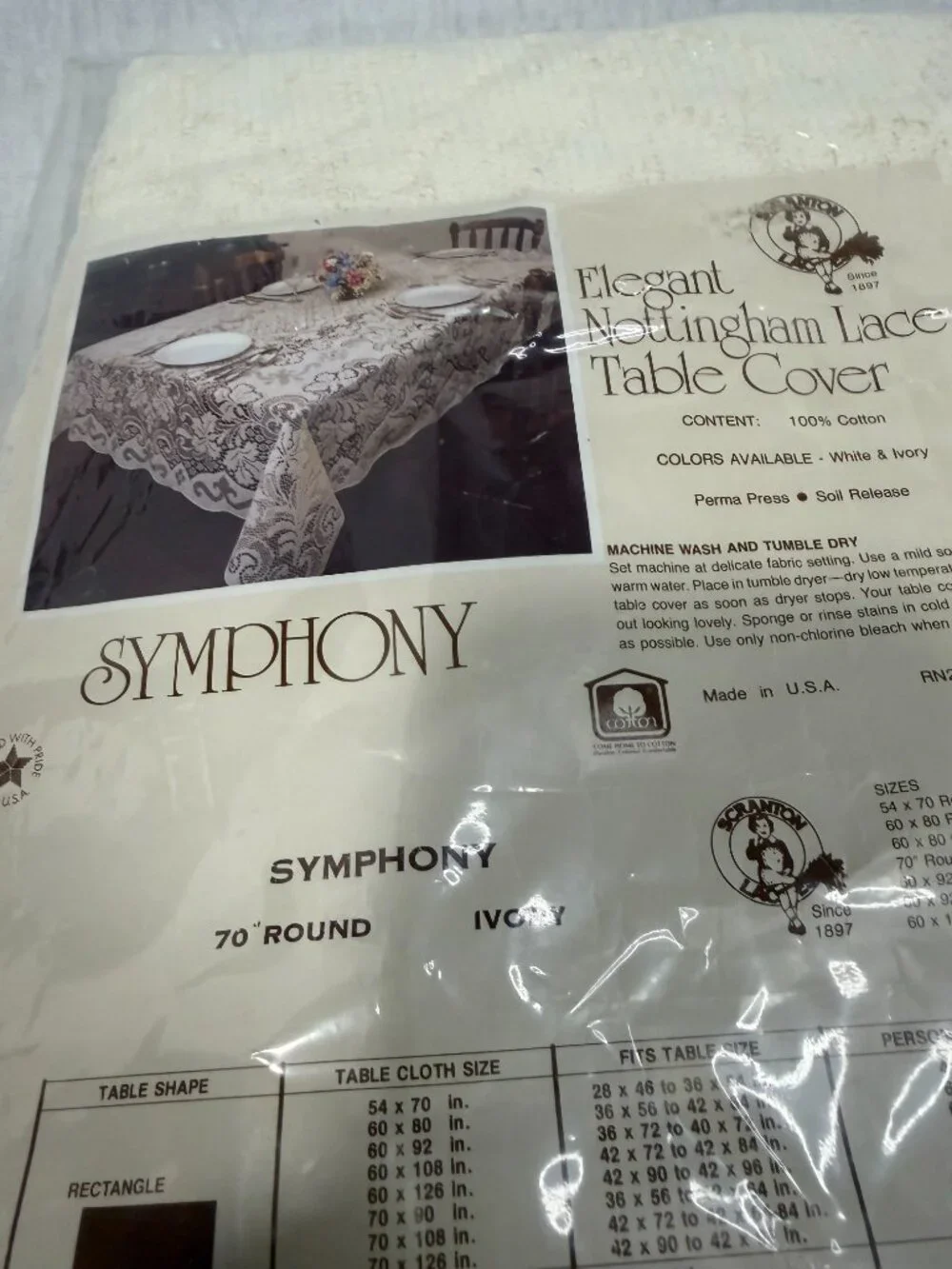 Scranton Lace Tablecloth NWT 70'' Round Nottingham Vintage Symphony USA